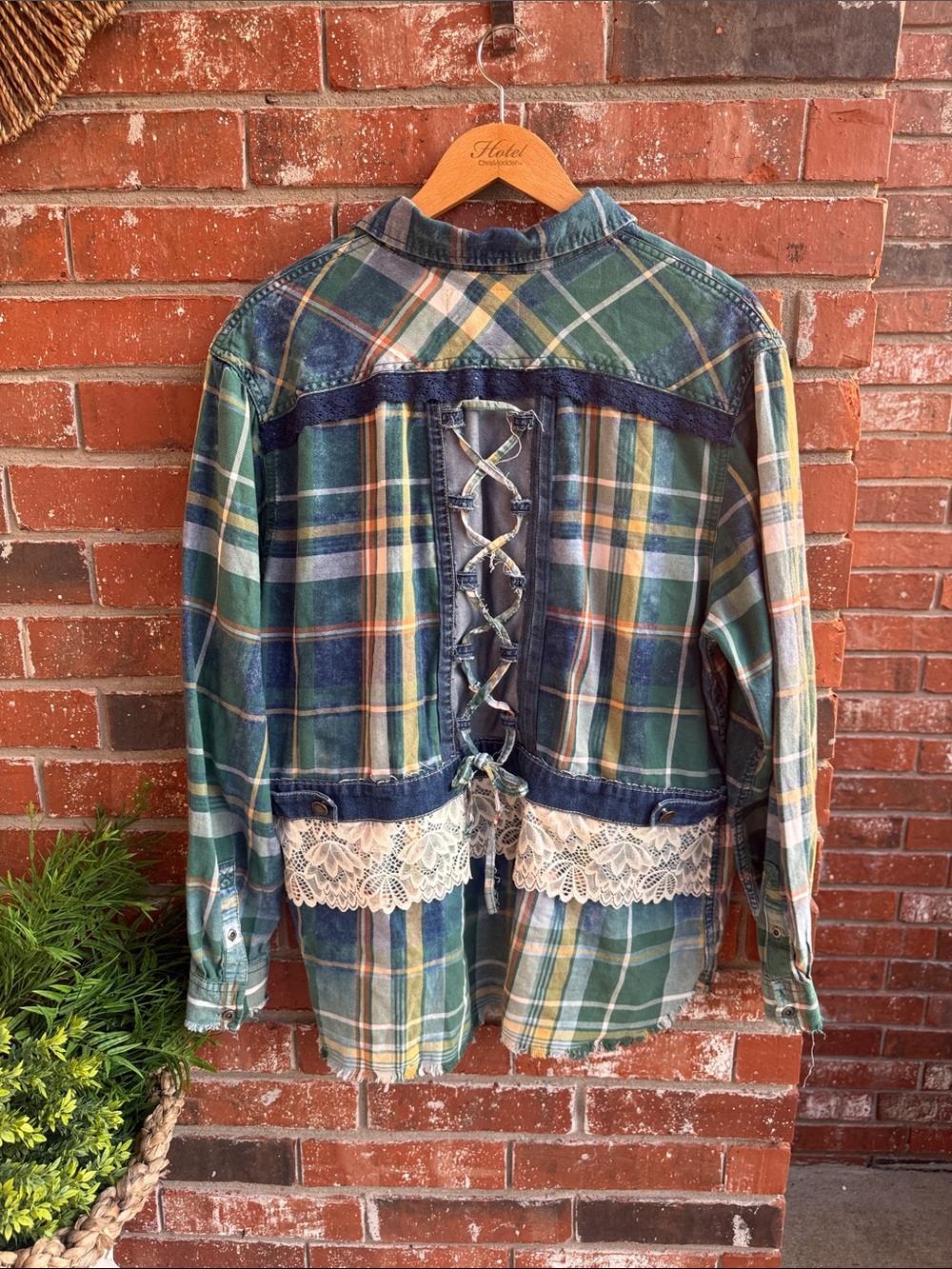 Thunder Brand Plaid Flannel Shirt with Lace and Denim Details - Picture 7 of 9